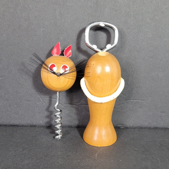 Vintage Mid Century Japanese Wooden Cat Corkscrew Bottle Opener NWOT - Picture 8 of 9